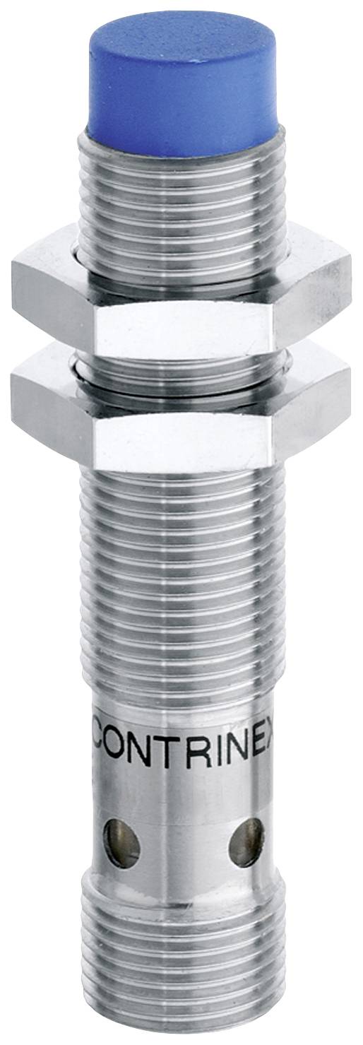 Ein zylindrischer, metallischer Sensor mit blauem Kopf, zwei sechseckigen Muttern und der Aufschrift 'CONTRINEX'.