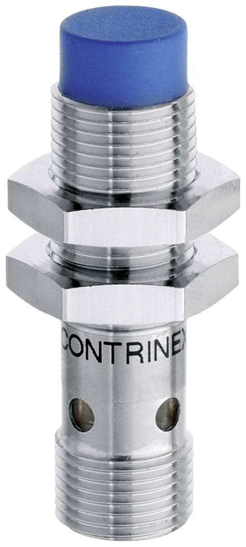 Zylindrischer Näherungssensor aus Metall mit blauem Kunststoffkopf von Contrinex. Geeignet für industrielle Anwendungen.
