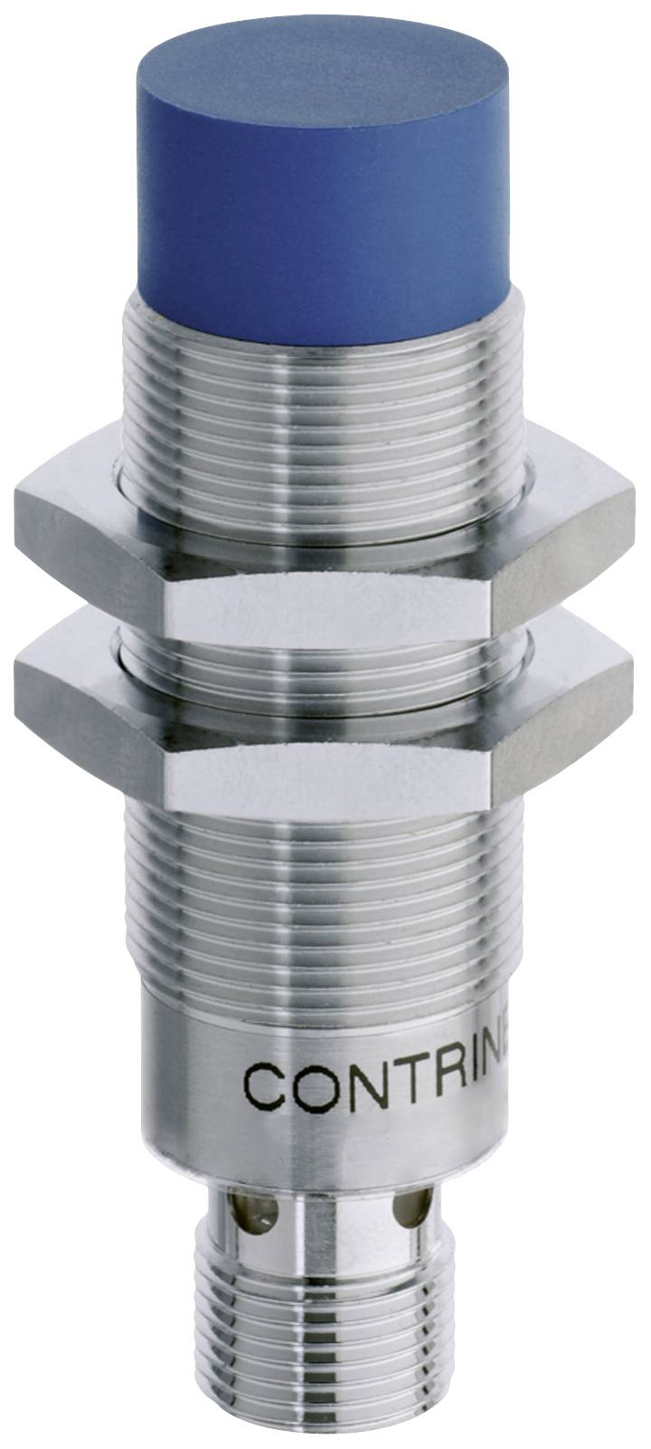 Zylindrischer Näherungssensor mit blauem Kopf, Metallgewinde und Anschluss. Geeignet für industrielle Anwendungen zur Objekterkennung.
