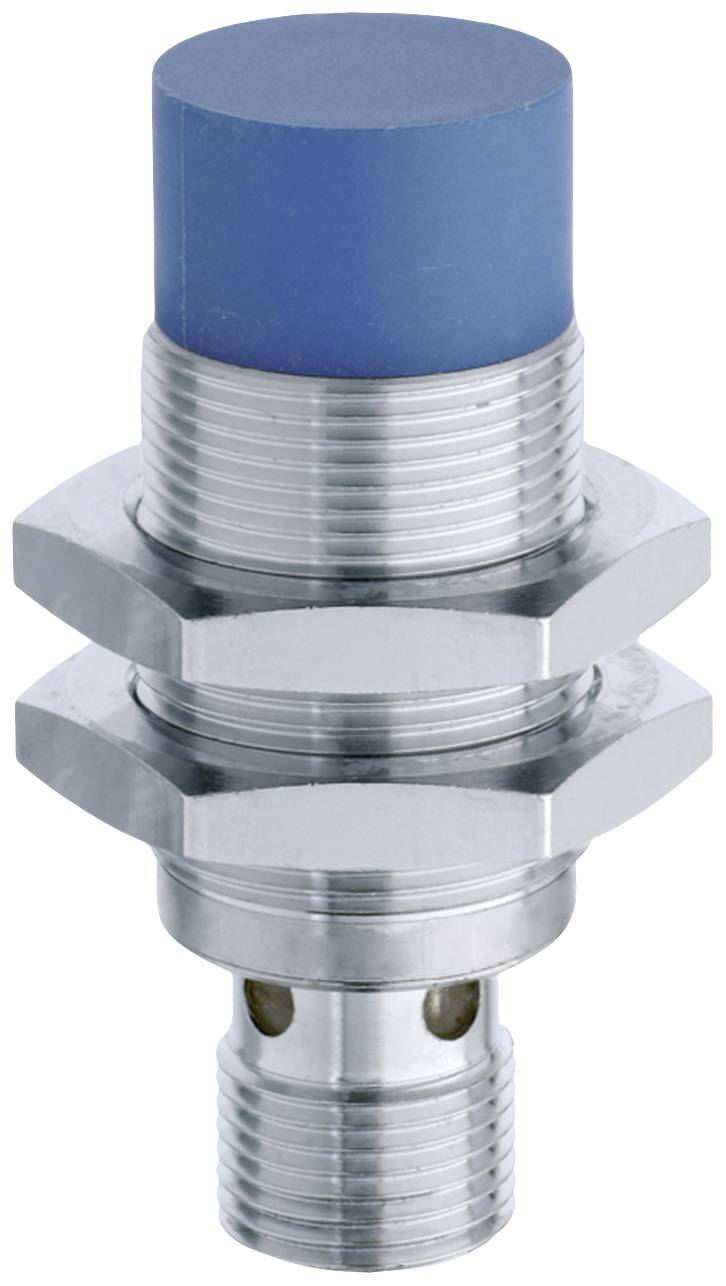 Ein zylindrischer Sensor mit blauem Kopf und silbernem Gehäuse. Ideal zur Erkennung von Objekten in automatisierten Systemen.