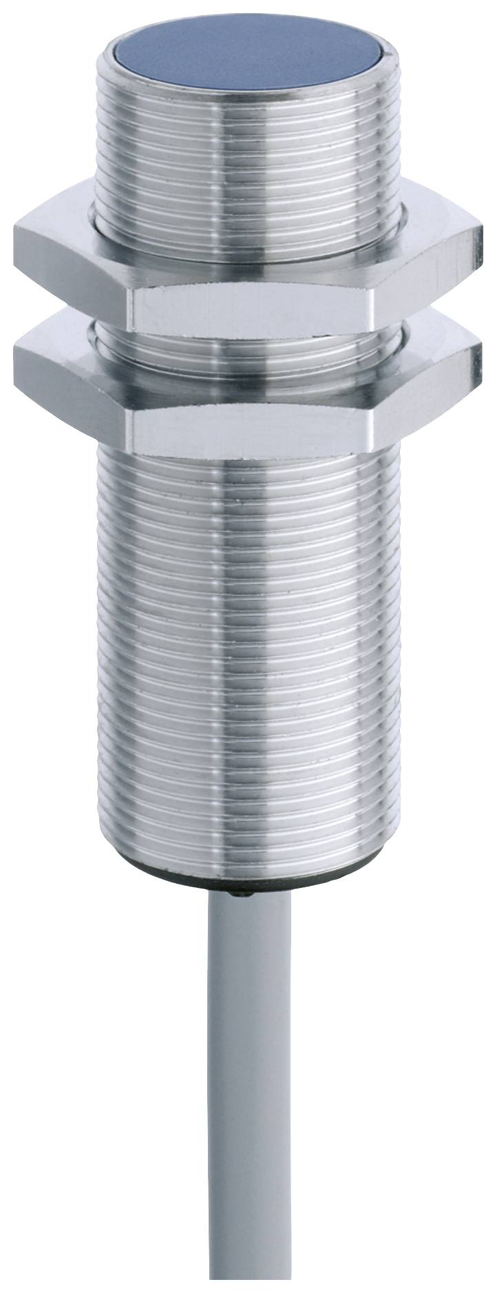 Ein zylindrischer Metall-Näherungssensor mit Gewinde und Kabel, geeignet für die Erkennung von Objekten ohne physischen Kontakt.