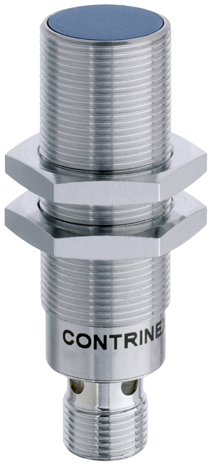 Zylindrischer Induktiver Sensor aus Metall, geeignet für präzise Positionserkennung in industriellen Anwendungen.