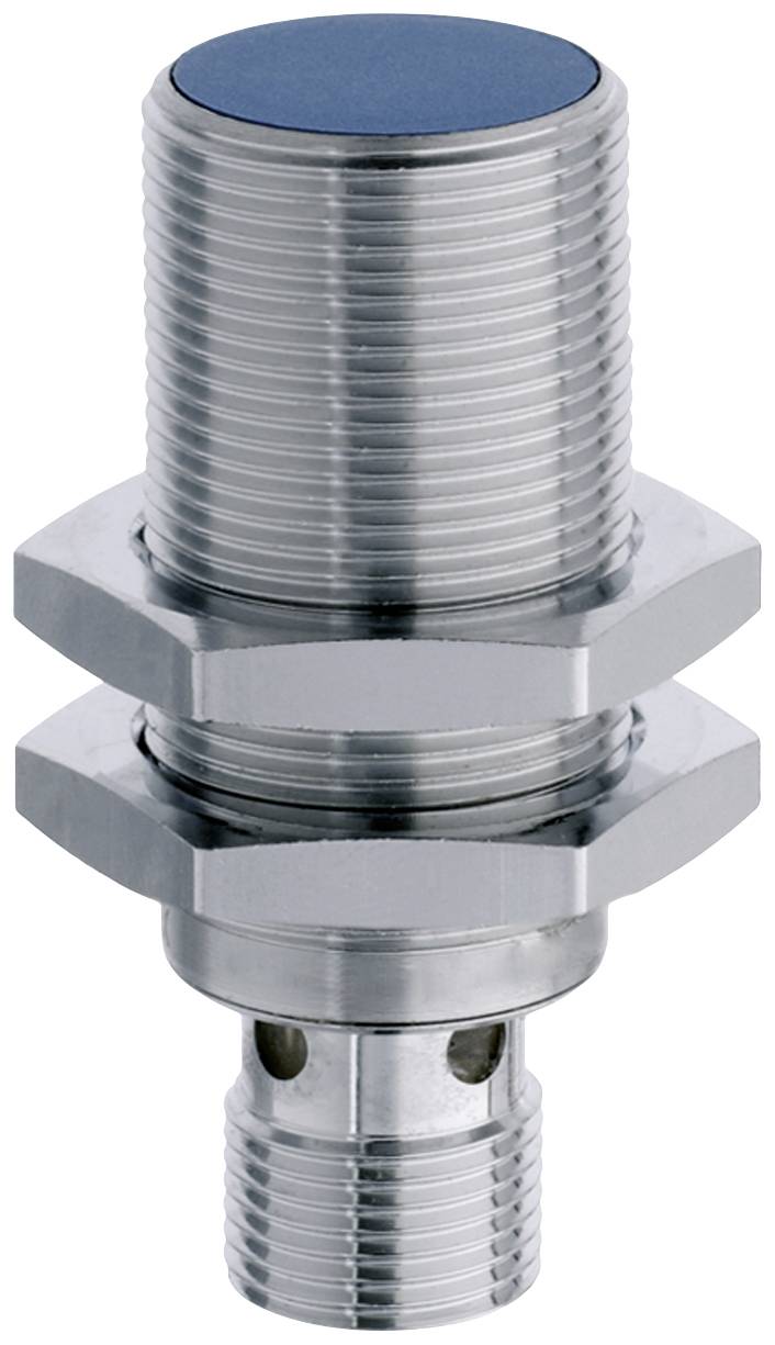 Ein zylindrischer Näherungssensor aus Metall mit geriffelter Oberfläche und zwei Sechskantmuttern zur Befestigung.