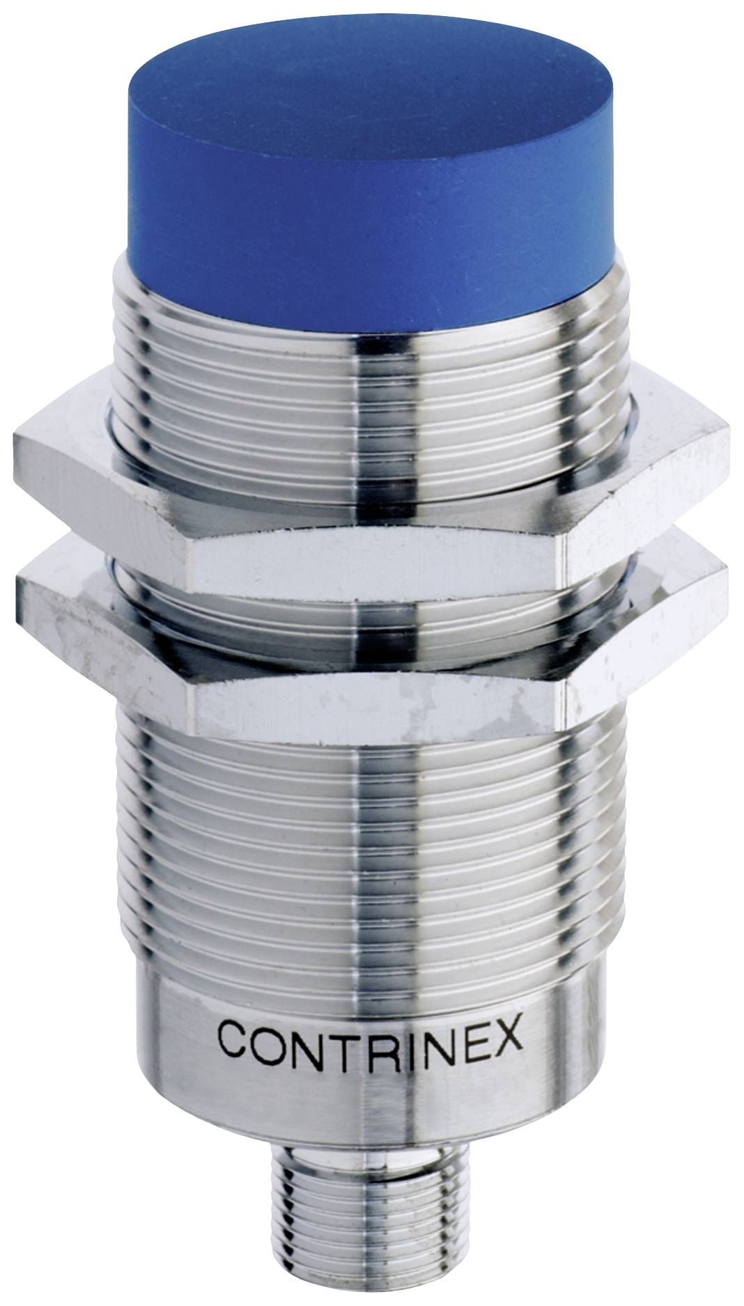 Zylindrischer, metallischer Drucksensor mit blauem Kopf, Einschnitte für festes Einsetzen. Markiert mit 'CONTRINEX'.