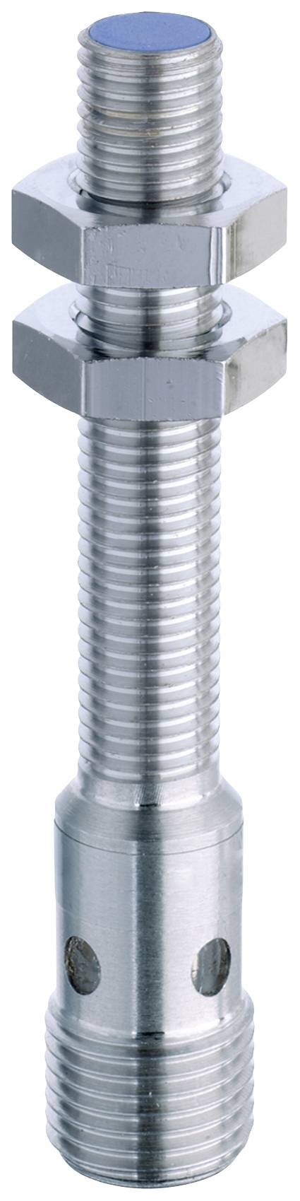 Ein silberner, gewindeförmiger Metallstab mit einer Mutter in der Mitte, geeignet für mechanische Anwendungen und Verkabelungen.