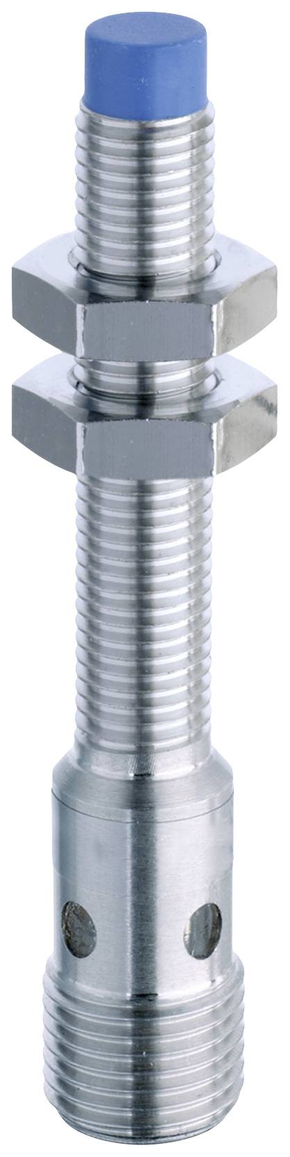 Ein zylindrischer Metallgegenstand mit blauem Ende, Gewinden und Sechskantmuttern. Möglicherweise ein Maschinenteil oder Schraubkomponente.