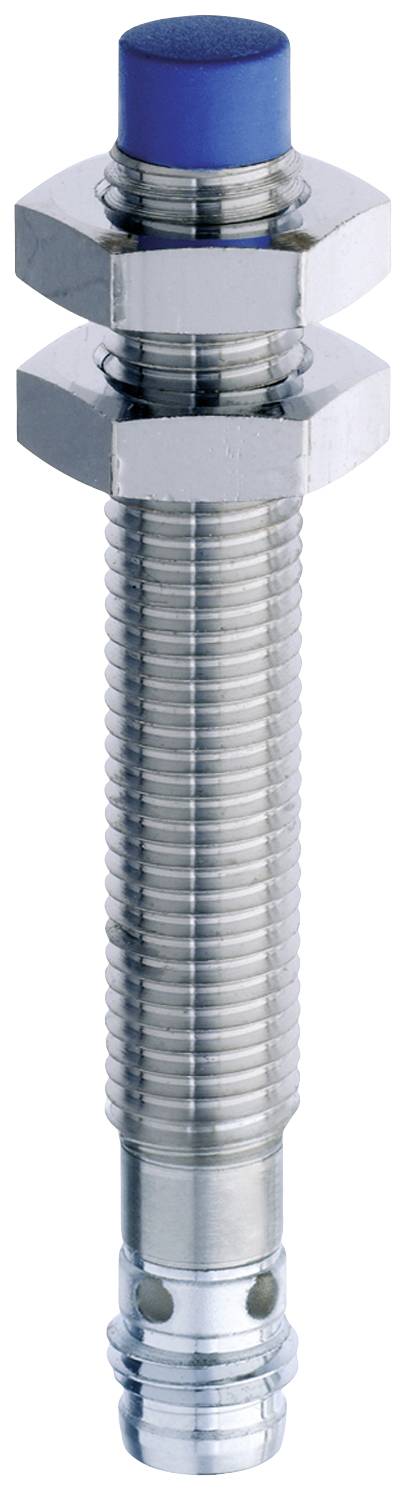 Metallischer zylindrischer Sensor mit blauer Kunststoffspitze und zwei Sechskantmuttern.