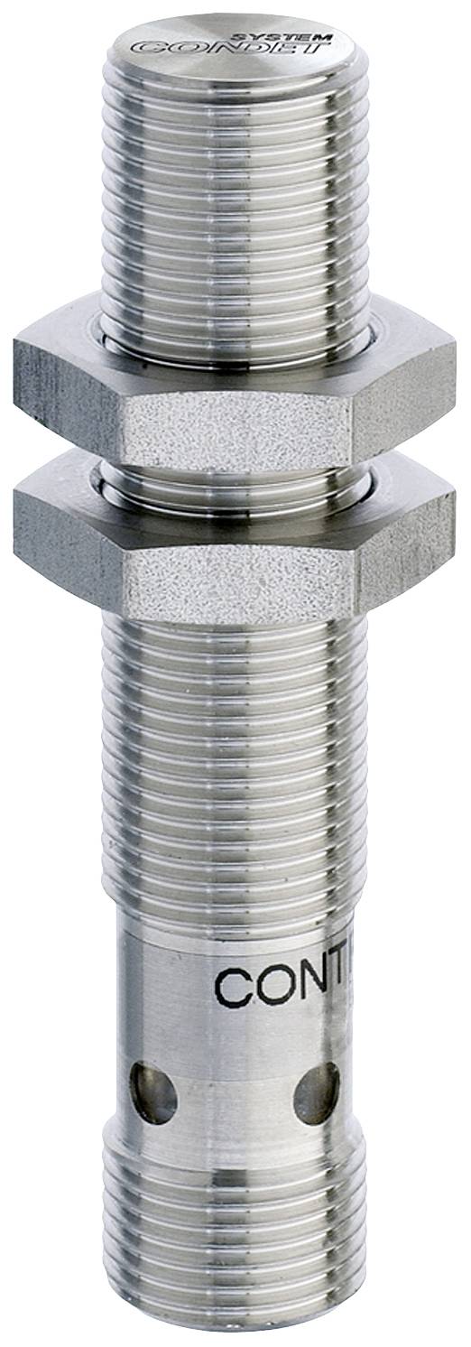 Ein zylindrischer Metallsensor mit Gewinde, zwei Sechskantmuttern und der Aufschrift 'CONT'. Geeignet für industrielle Anwendungen.