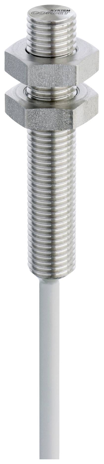 Zylindrischer, metallischer Sensor mit Gewinde, zwei Befestigungsmuttern und Kabelanschluss unten. Ideal für industrielle Anwendungen.