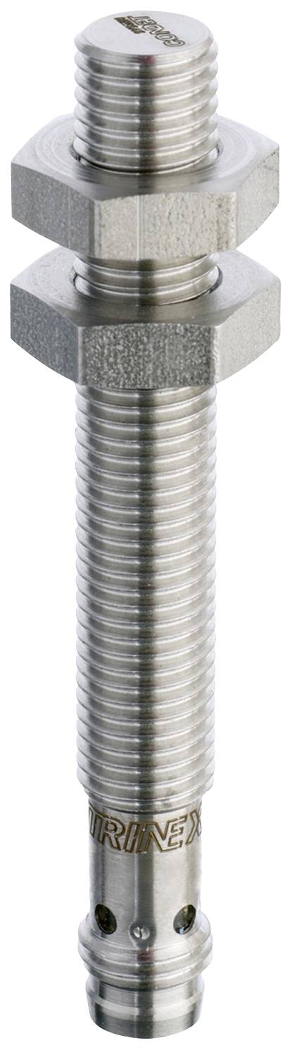 Metallzylinder mit Gewinde und zwei Sechskantmuttern, oben. Silbern glänzend, möglicherweise Teil eines Maschinenbauteils.