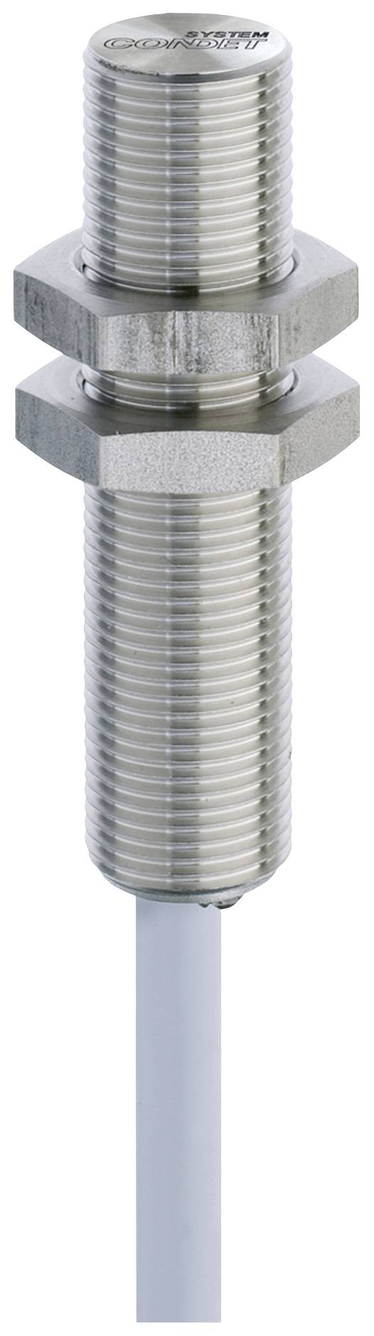 Zylindrischer Sensor mit Gewinde und zwei Muttern, verbunden mit einem Kabel. Wird typischerweise in industriellen Anwendungen verwendet.