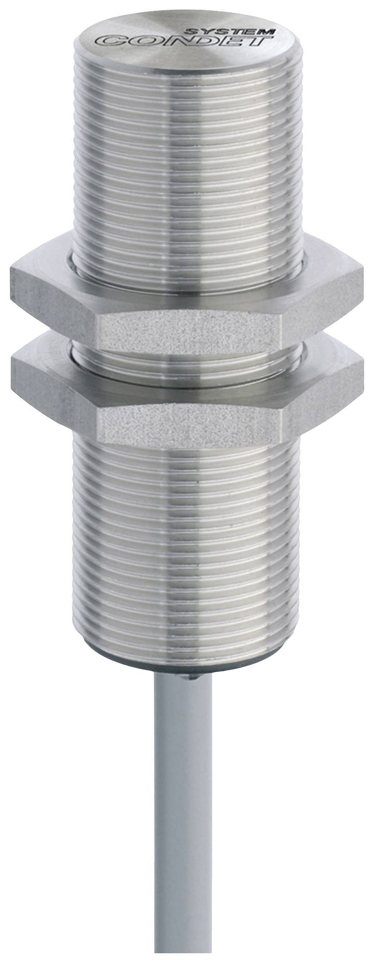 Ein zylindrischer Näherungssensor aus Metall mit geriffelter Oberfläche und einem Kabelanschluss. Geeignet für industrielle Anwendungen.