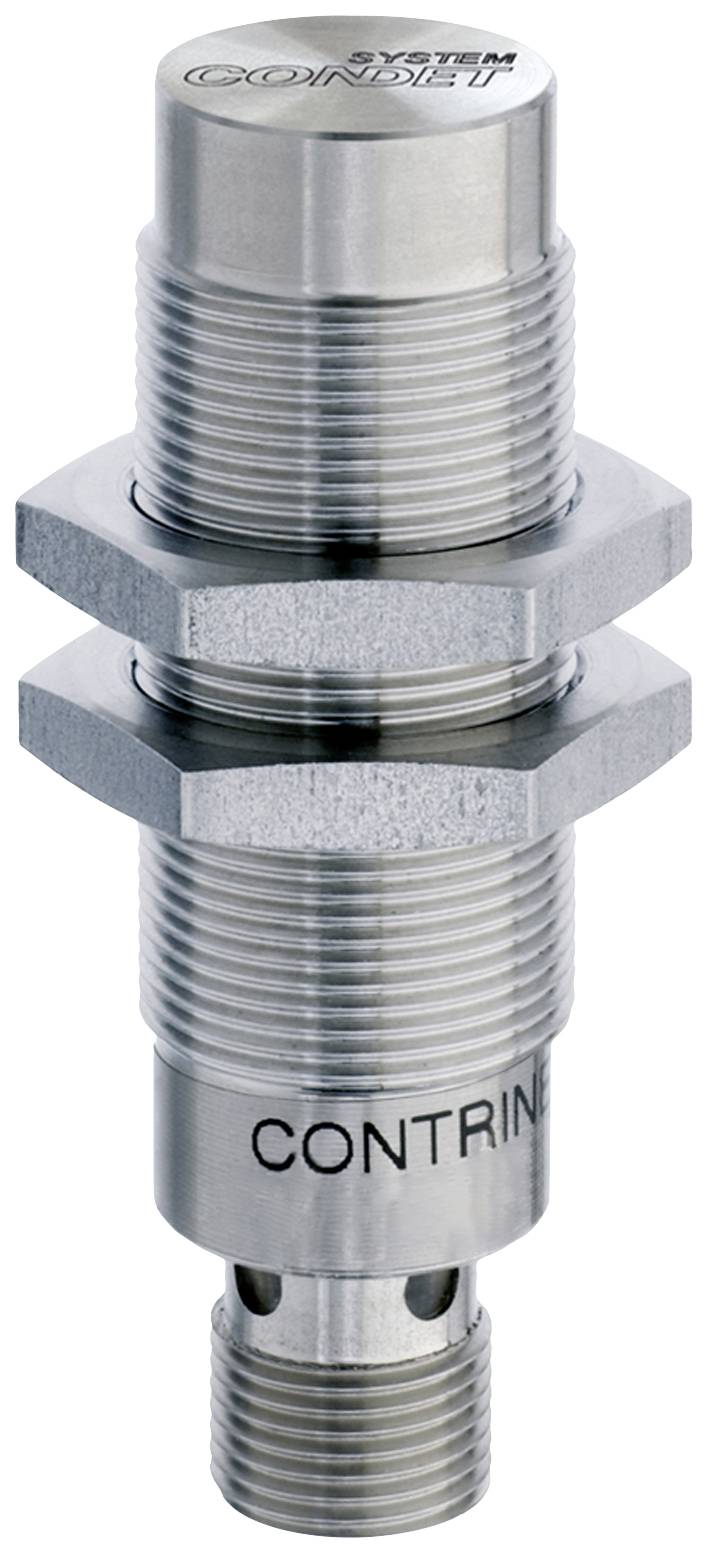 Ein zylindrischer Näherungssensor aus Metall mit zwei Befestigungsschrauben.