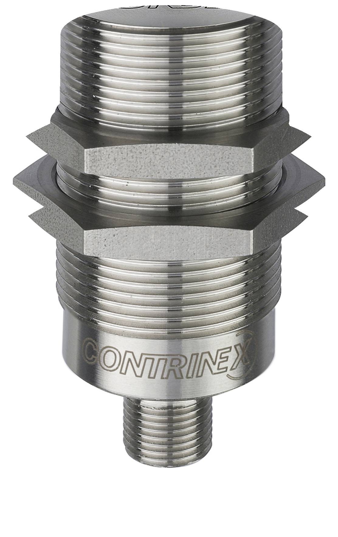 Metallsensor mit mehrgängigen Gewinden und der Aufschrift 'Contrinex'. Geeignet für industrielle Anwendungen zur Objekterkennung.