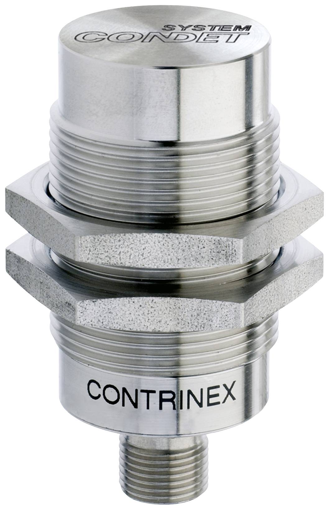 Zylindrischer Metallsensor mit Beschriftungen 'SYSTEM CONDET' oben und 'CONTRINEX' seitlich. Allgemeiner Industriedetektor.