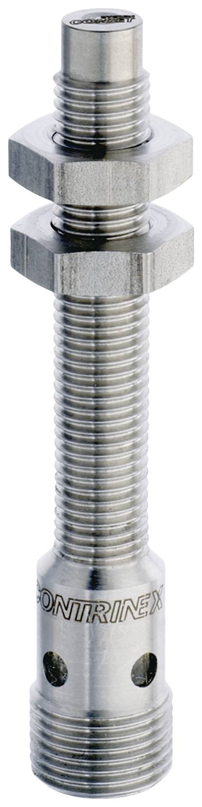 Ein zylindrischer Metallbolzen mit Gewinde und zwei Sechskantmuttern. Unten befindet sich eine Prägung mit dem Text 'CONTRINEX'.