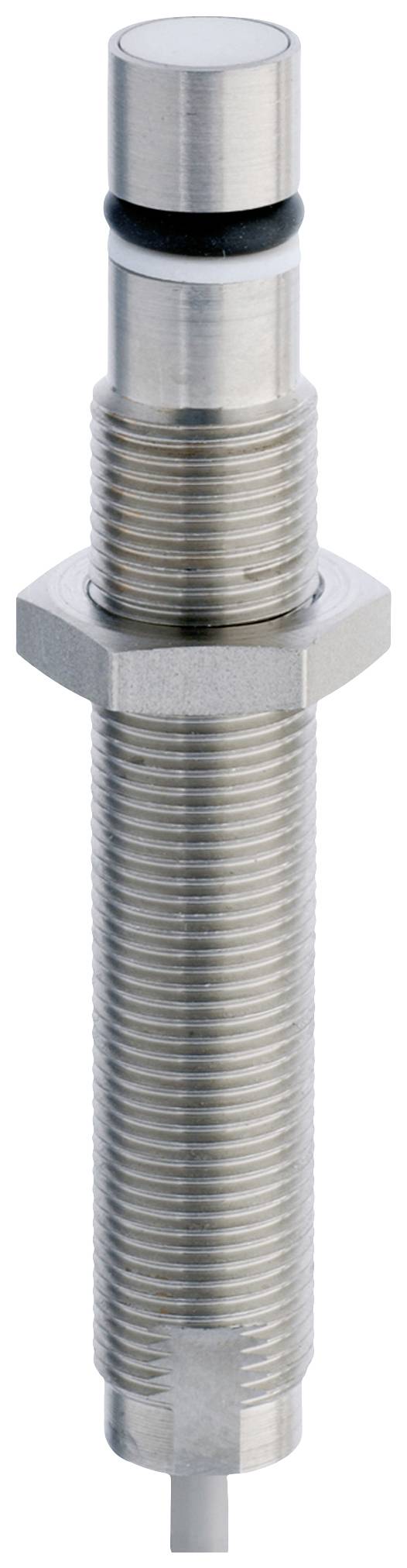 Ein zylinderförmiger, metallischer Induktionssensor mit Gewinde und zwei Dichtungsringen, geeignet für industrielle Anwendungen.