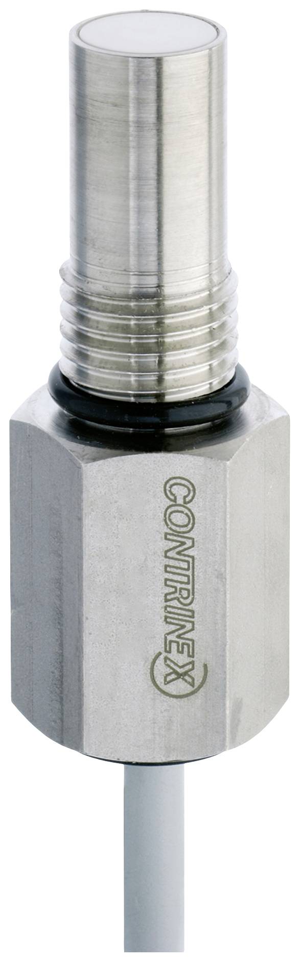Ein zylindrischer, metallischer Sensor mit der Aufschrift 'Contrinex', montiert auf einem sechseckigen Fuß, mit einem Kabel unten.