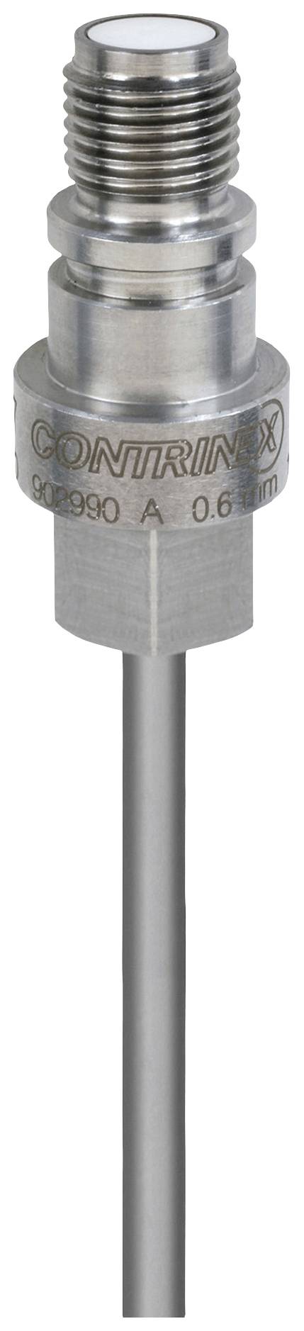 Ein silberner, zylindrischer Sensor mit einem langen Stab unten, markiert mit 'CONTRINEX'. Der Sensor ist für technische Anwendungen geeignet.
