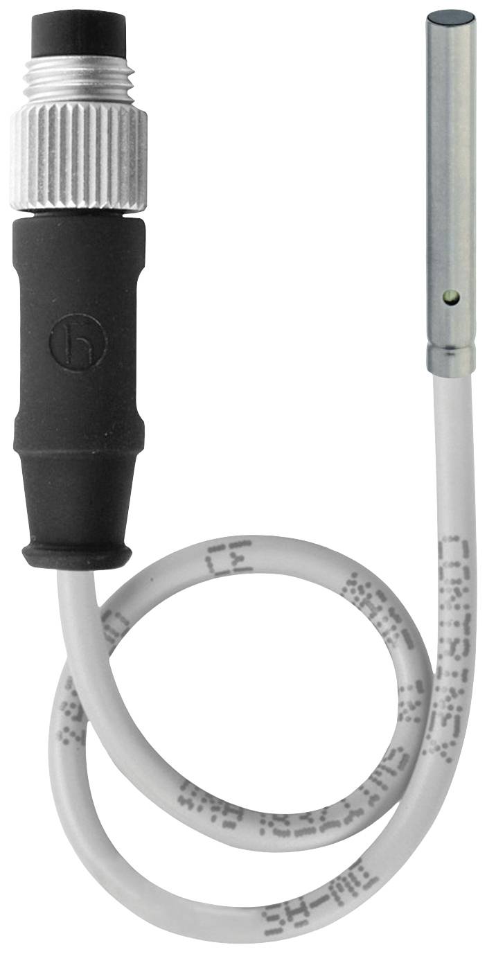 Ein zylindrischer Temperatursensor mit Metallspitze, an einem Kabel befestigt, das in einem dicken schwarzen Stecker endet.