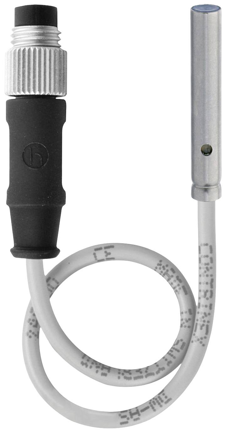Ein zylindrischer Temperatursensor mit Kabel und Stecker. Der Sensor ist aus Metall, das Kabel hat eine graue Ummantelung.