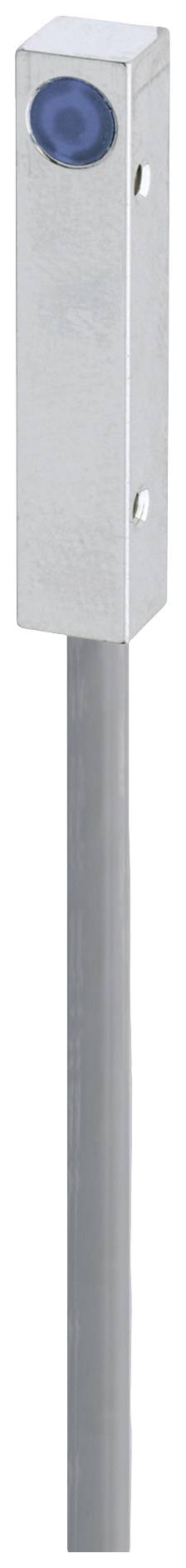 Silberner, zylindrischer Metallpfosten mit einem blauen Knopf oben, möglicherweise ein Sensor oder Schalter.