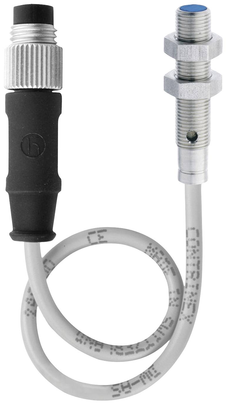 Zylindrischer Sensor mit Kabel, Metallgehäuse und blauem, rundem Kopf.