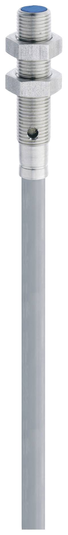 Ein zylindrischer Sensor mit Metallgewinde und grauem Kabel. Der Sensor ist vertikal ausgerichtet und zeigt nach oben.