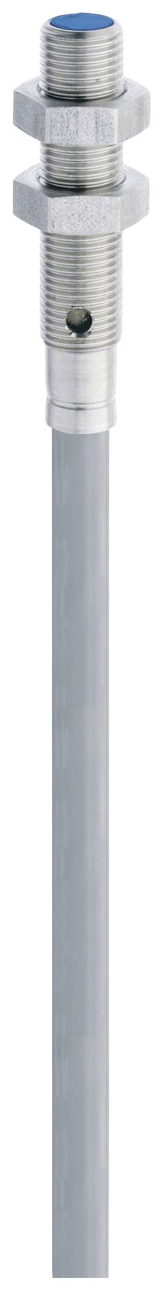 Metallsensor mit zylindrischem Gehäuse und zwei Befestigungsmuttern, Anschlusskabel unten.