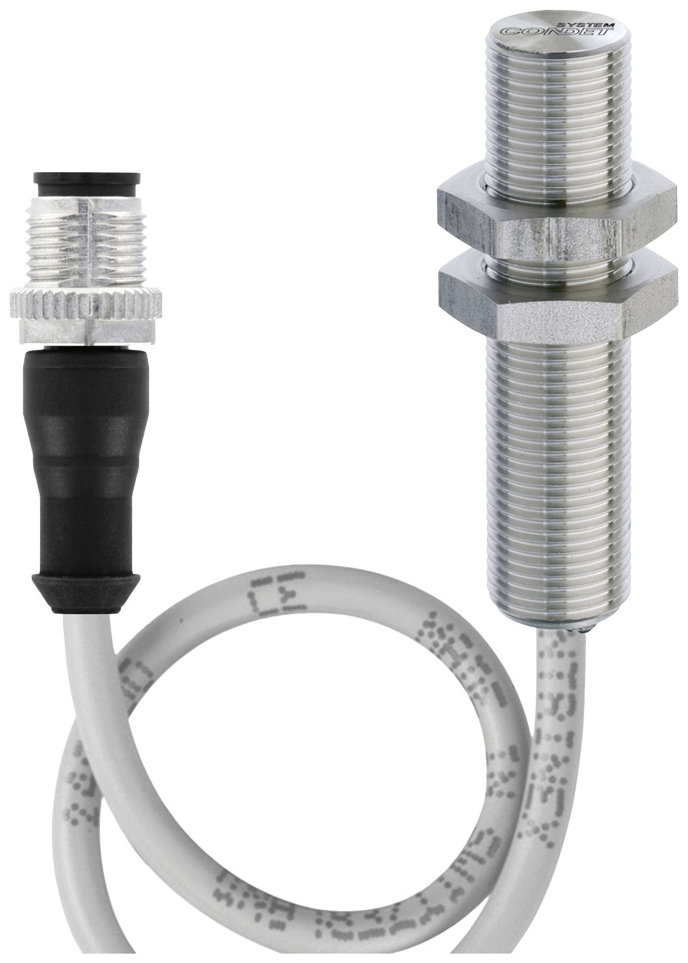 Ein zylindrischer, metallischer, induktiver Näherungssensor mit Steckverbinder und Anschlusskabel. Ideal für die sichere Erkennung metallischer Objekte.