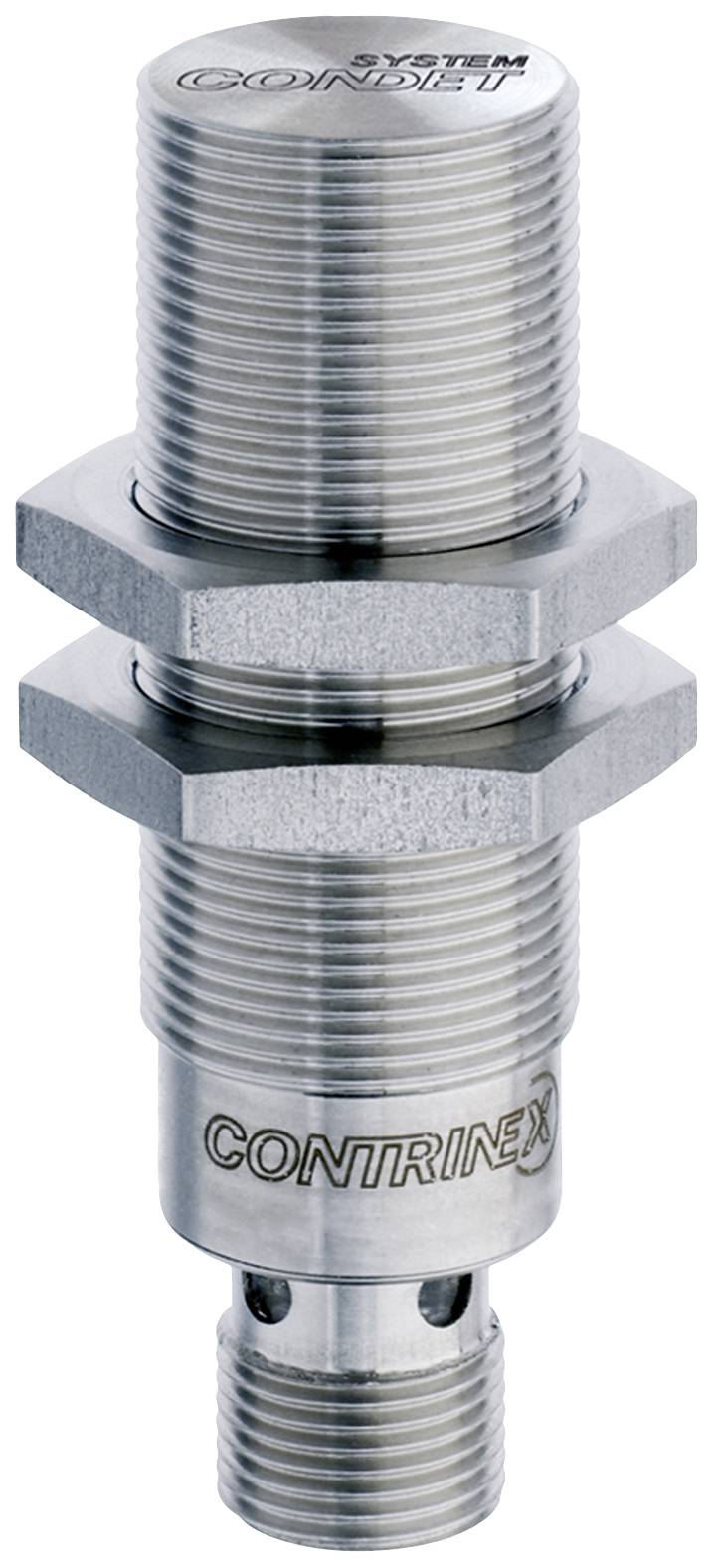 Ein zylindrischer, metallischer Sensor mit Gewinde, markiert mit 'Contrinex'. Entwickelt zur Erkennung von Objekten in industriellen Anwendungen.