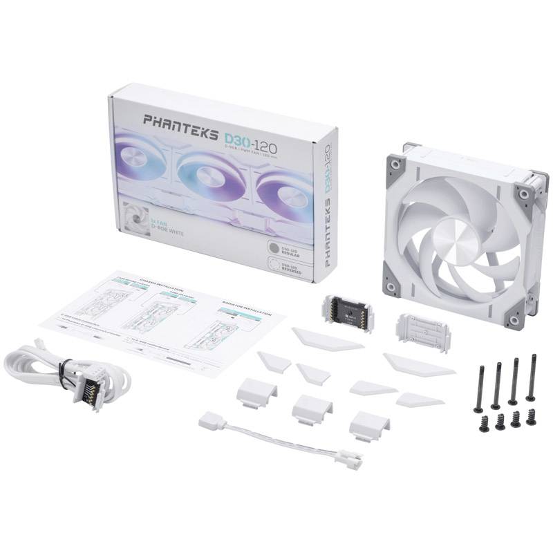 Phanteks D30-120 Lüfter-Kit in Weiß. Enthält Lüfter, Zubehör, Schrauben und Installationsanleitung, präsentiert in geöffneter Verpackung.