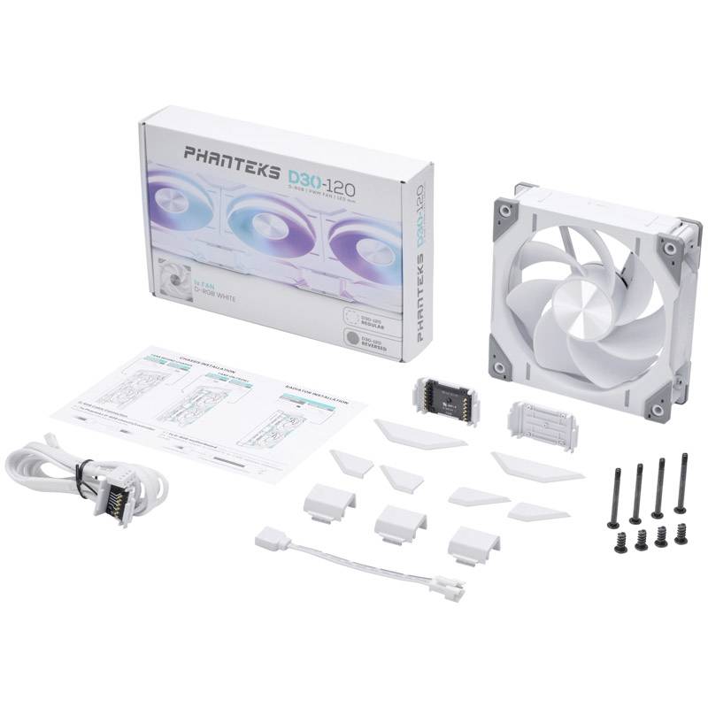 Lüfterset mit einem weißen PC-Lüfter, Verpackung, Kabel, Schrauben und Zubehör. Marke: Phanteks. Modell: D30-120.