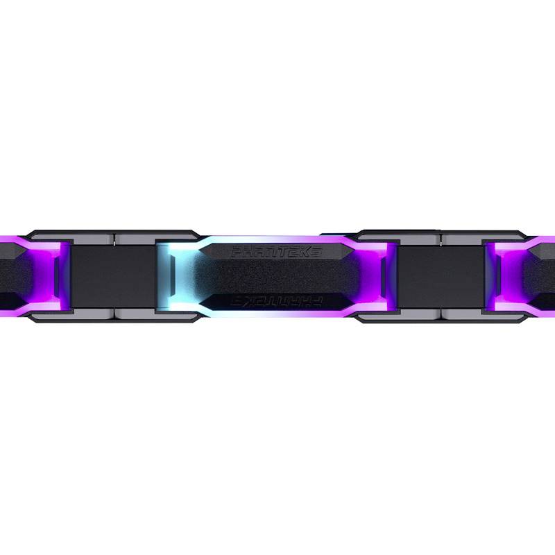 Gehäuse mit leuchtenden LED-Leisten in lila und blau