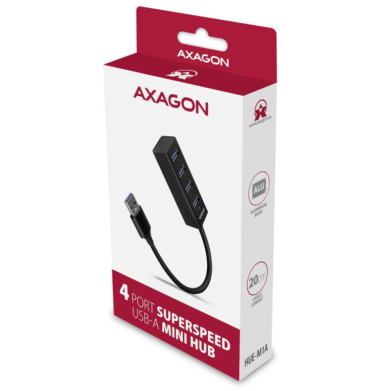 Verpackung eines Axagon 4-Port Superspeed USB-A Mini Hubs, zeigt das Produktbild, Unternehmen und wichtige technische Spezifikationen.
