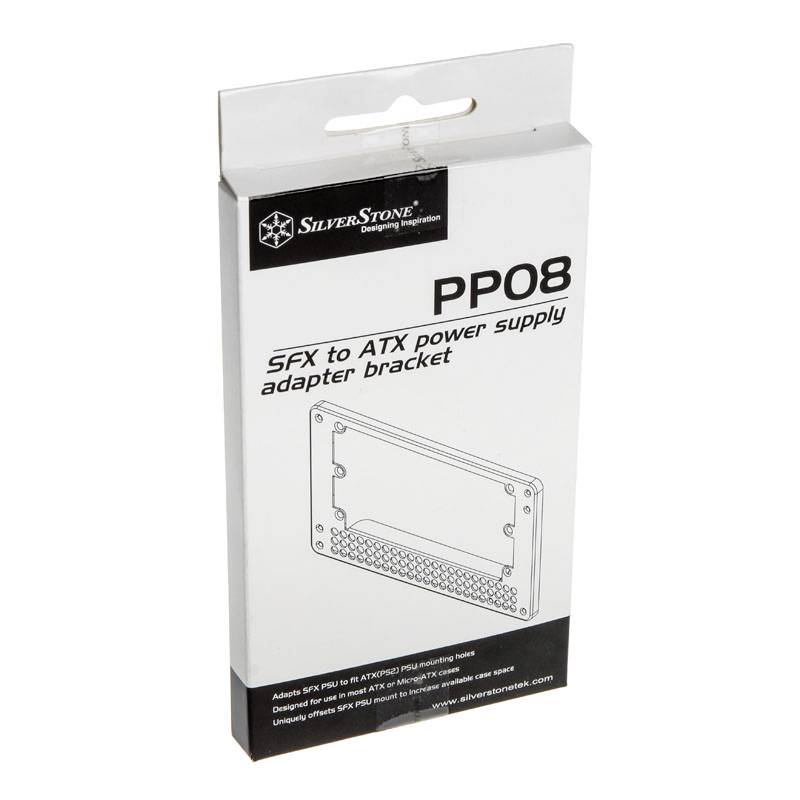 Verpackung einer SFX-zu-ATX-Netzteiladapterhalterung von SilverStone Modell PP08. Zeigt ein Diagramm und Website-URL auf der Vorderseite.
