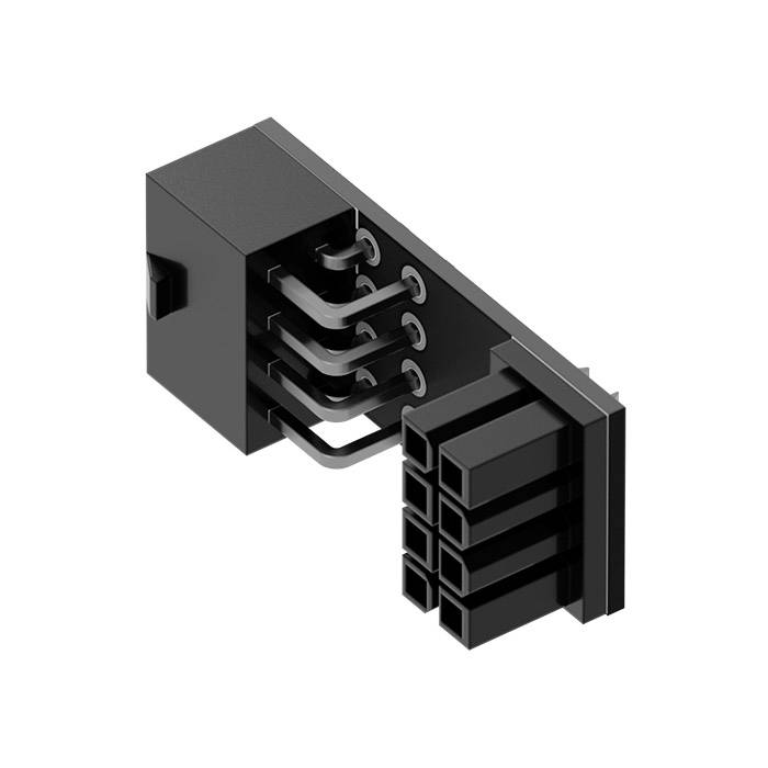 Darstellung eines sechsadrigen Netzteils mit einem 12VHPWR-Anschluss, gezeigt in einer seitlichen Ansicht mit klaren Linien und Steckverbindungen.