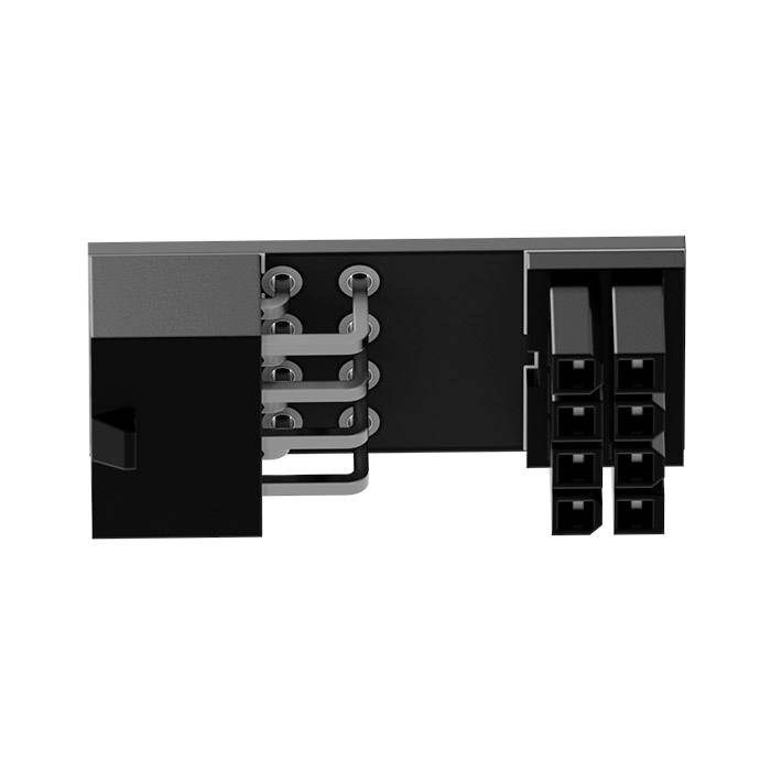 Vier schwarze Steckerbuchsen nebeneinander auf einem rechteckigen, metallischen Gehäuse mit metallischen Schraubenklemmen.