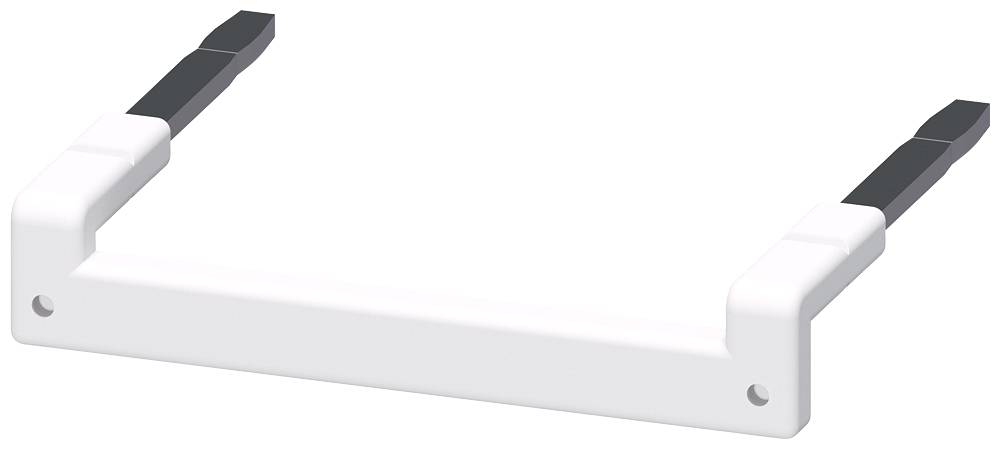 Weiße, rechteckige Kunststoffhalterung mit zwei hervorstehenden schwarzen Metallstiften an jedem Ende.