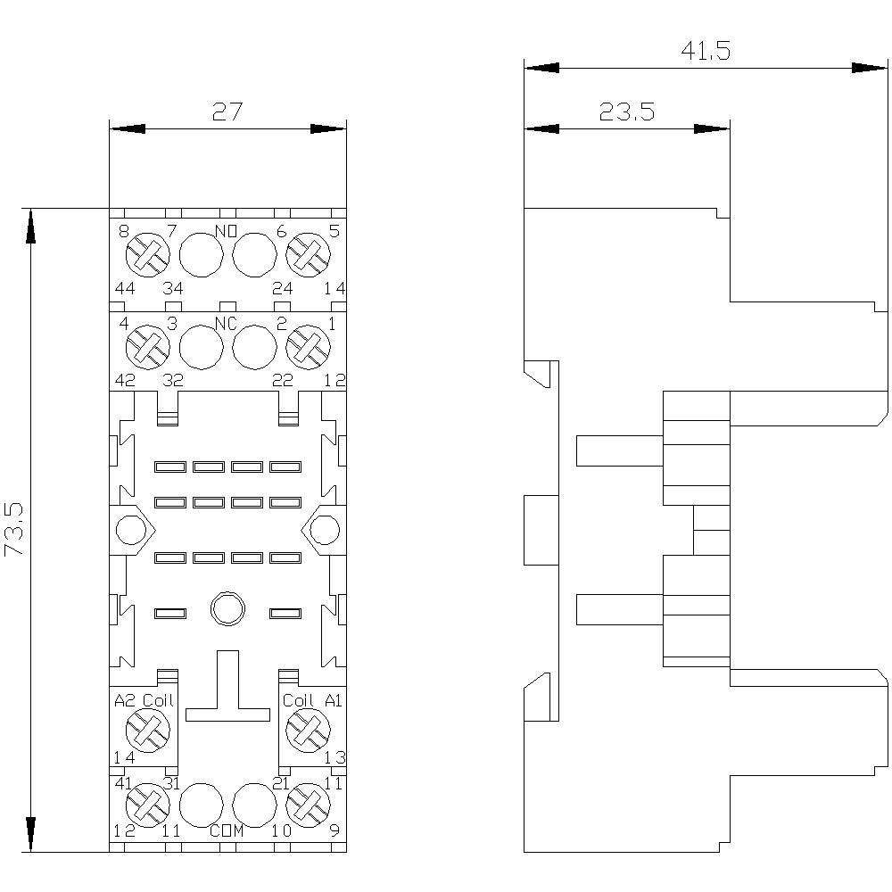 Technische Zeichnung eines schmalen, rechteckigen Relais-Sockels mit verschiedenen Anschlussstellen und Maßangaben.