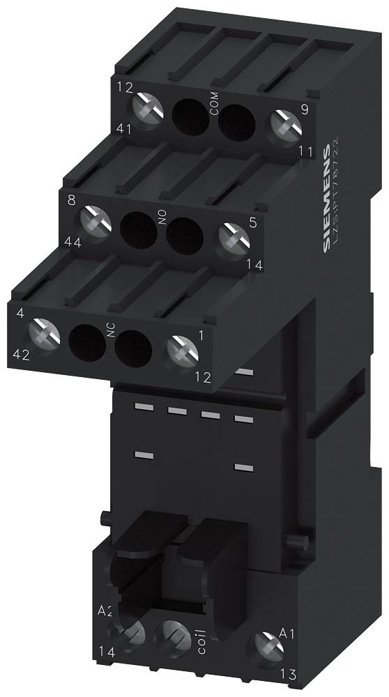 Schwarzes Siemens Relaismodul mit mehreren Anschlussklemmen und technischen Bezeichnungen. Für elektronische Steuerungssysteme.