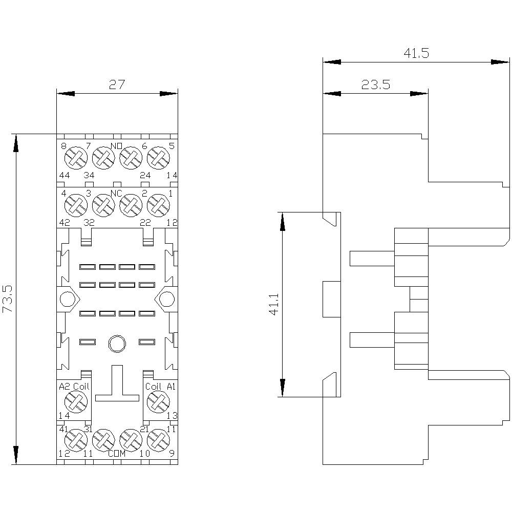 Technische Zeichnung eines elektrischen Relais-Sockels mit Abmessungen: Höhe 73,5 mm, Breite 27 mm. Seitliche Ansicht zeigt 41,1 mm Tiefe.