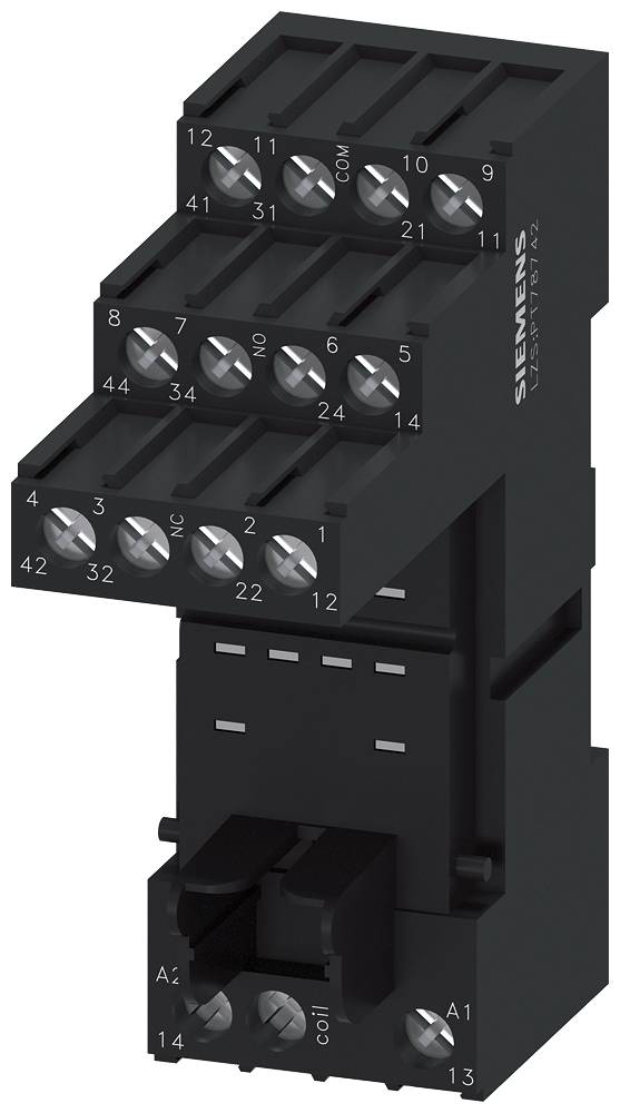 Ein schwarzer elektronischer Schaltbaustein mit sichtbaren Schraubklemmen und Beschriftungen von 1 bis 13. Links befindet sich ein Siemens-Logo.