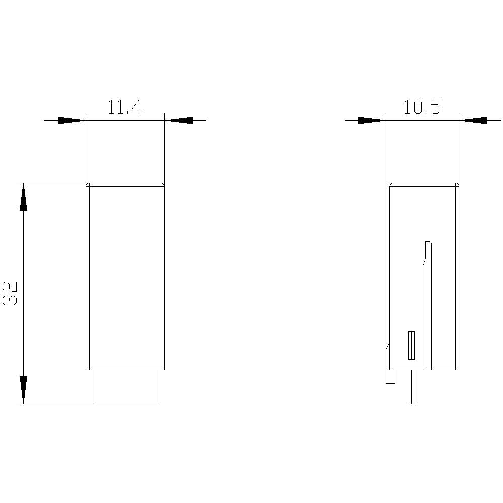 Technische Zeichnung eines rechteckigen Objekts mit den Maßen 11,4 x 10,5 x 32 Einheiten. Seitenansicht und Vorderansicht dargestellt.