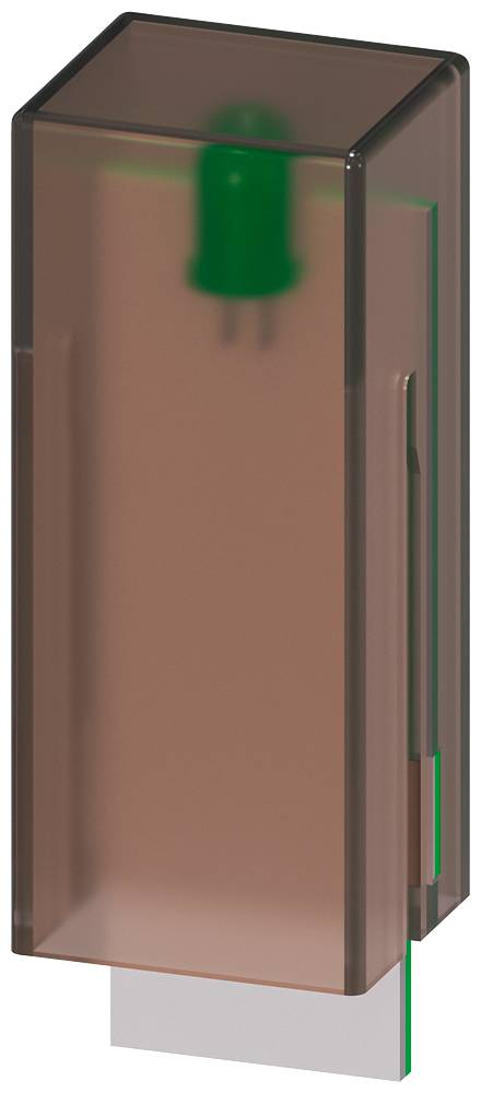 Eine durchsichtige, rechteckige Abdeckung mit einer grünen Leuchtdiode im Inneren, die auf einem metallischen Sockel montiert ist.