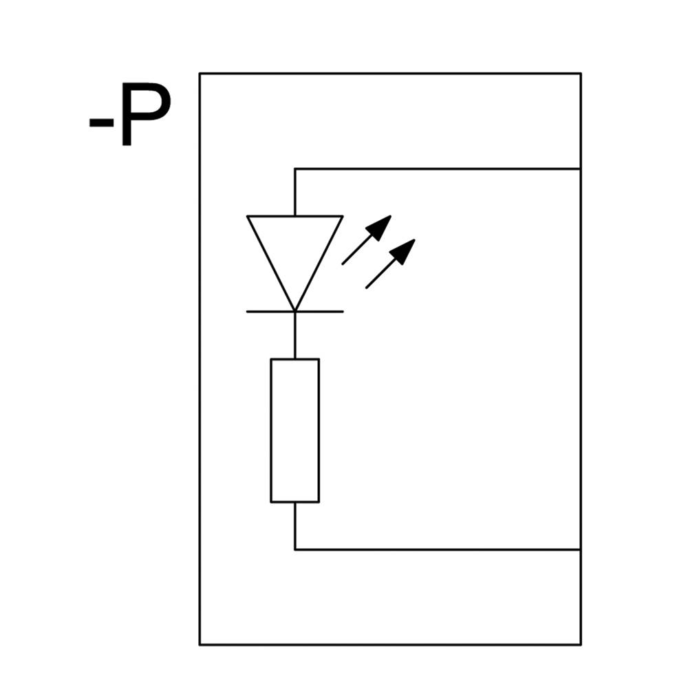 Diagramm mit einem elektrischen Symbol eines Fototransistors, der Licht detektiert, gekennzeichnet mit '-P' für positive Logik.