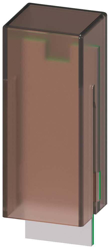 Ein rechteckiges, durchsichtiges Gehäuse mit sichtbarem grünen Element innen. Es steht auf einer flachen, weißen Basis.