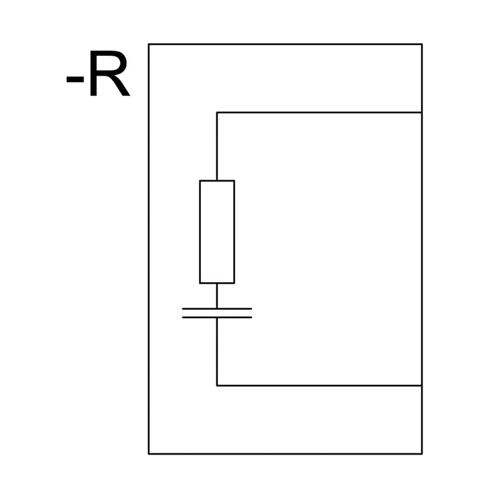 Ein elektrisches Schaltzeichen zeigt einen Widerstand, der parallel zu einem Kondensator geschaltet ist, mit dem Label '-R'.