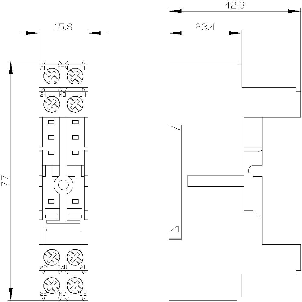 Technische Zeichnung eines elektrischen Relais mit Abmessungen. Hauptansicht links zeigt Anschlussklemmen, rechts Seitenansicht mit genauen Maßen.