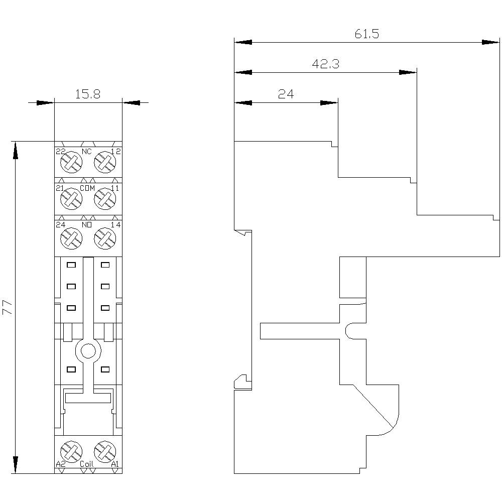 Eine technische Zeichnung eines Relais-Sockels mit detaillierten Maßen. Die Abmessungen sind in Millimetern angegeben: 15,8, 24, 42,3, 61,5, 77.